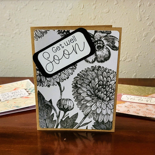 Get Well Soon, Black Florals - Be Well Collection - Handmade Greeting Card - 31 Rubies Designs