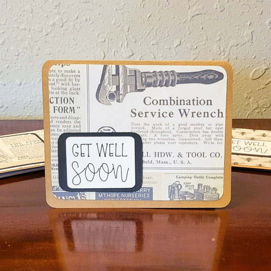 Get Well Soon, Vintage Newspaper - Be Well Collection - Handmade Greeting Card - 31 Rubies Designs