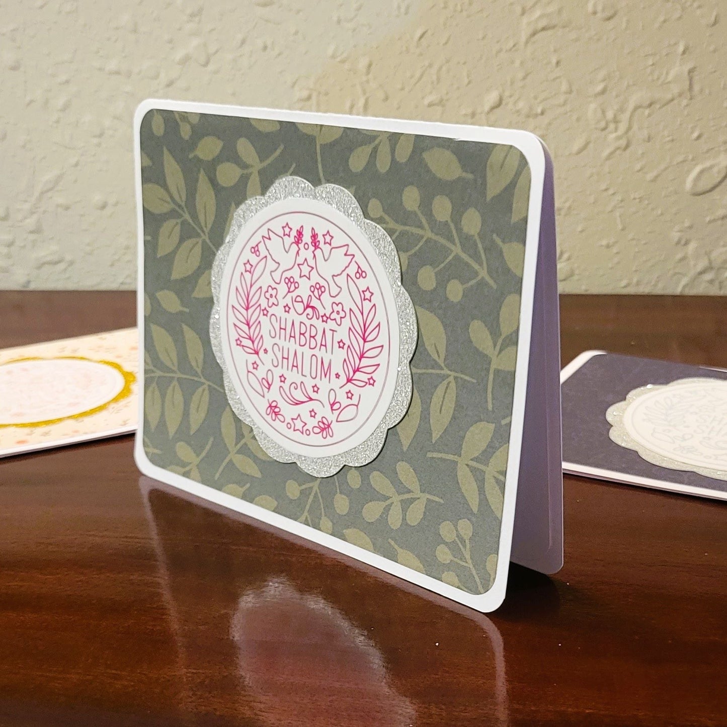 Handmade Greeting Card - Shabbat Shalom - Green & Pink - A2 size - 31 Rubies Designs