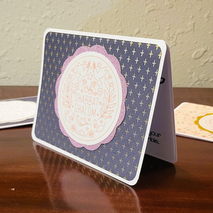 Handmade Greeting Card - Shabbat Shalom - Navy & Pink - A2 size - 31 Rubies Designs